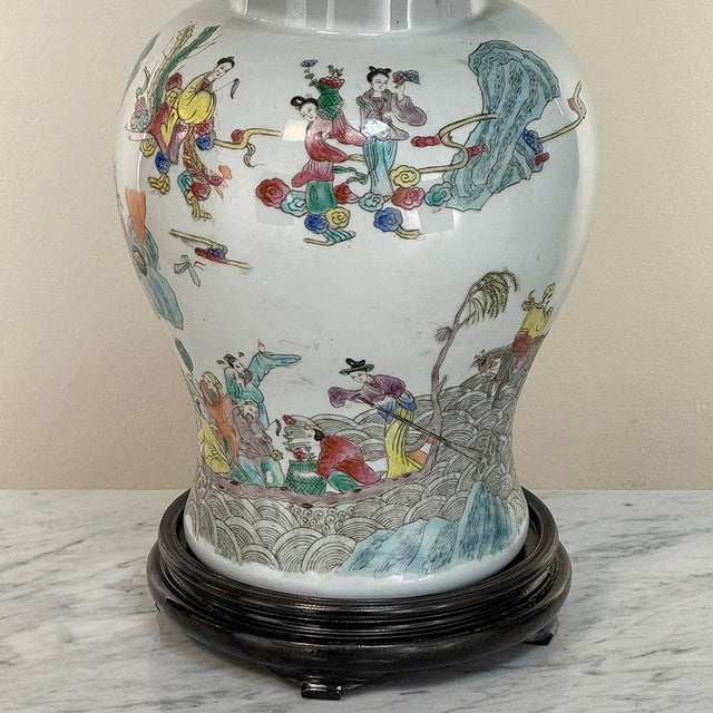 Pair Antique Chinese Porcelain Lidded Urns With Wood Bases For Sale - Image 10 of 12