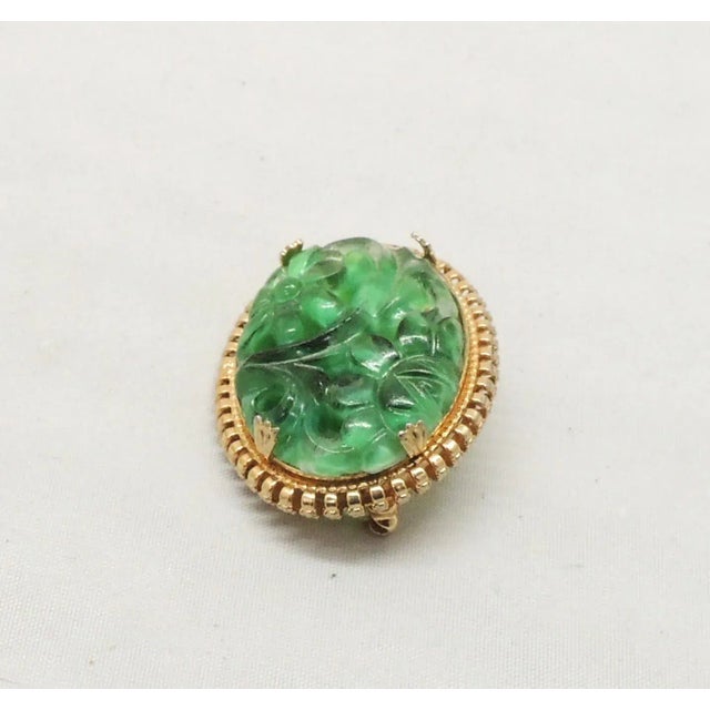 Mid-Century Modern Vintage 1965 Signed Napier Oval Carved Faux-Jade Brooch For Sale - Image 3 of 6