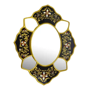 Late 20th Century Handcrafted Hand Painted Peruvian Cajamarca Floral Reverse Painting on Glass Mirror Wall Decor