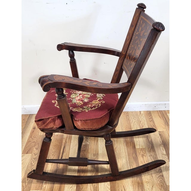 Wood Antique Dutch 19th C Carved & Marquetry Inlaid Rocking Chair + Needlepoint Pillow For Sale - Image 7 of 18
