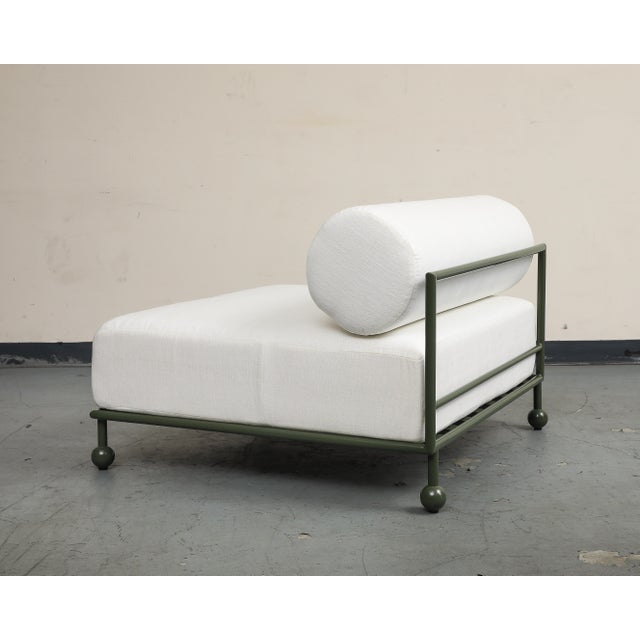 Off-white Modern Outdoor Lounge Chair With Olive Green Stainless Steel Frame For Sale - Image 8 of 17