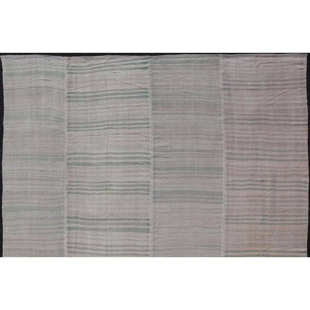 Tribal Vintage Turkish Kilim Rug in Soft Sage, Pale Taupe, and Faded Sand Stripes For Sale - Image 3 of 12