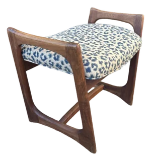 Mid Twentieth Century MCM Bench Footstool With Blue Leaopard Upholstery Attributed to Adrien Pearsall