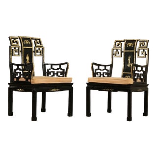 Vintage Italian Black Lacquer & Mother of Pearl Inlaid Pair Armchairs For Sale