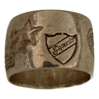 Vintage Gold-Tone Sterling Silver Wide-Band Ring Featuring Engraved Crown, Star, Etc. And Mark of Turkey Inside the Ring For Sale