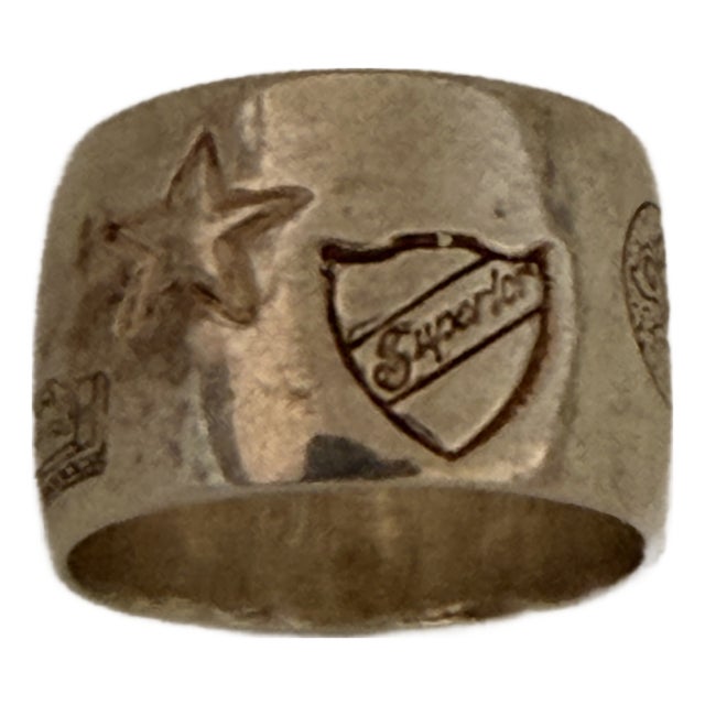 Vintage Gold-Tone Sterling Silver Wide-Band Ring Featuring Engraved Crown, Star, Etc. And Mark of Turkey Inside the Ring For Sale
