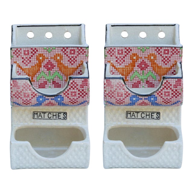 Hand Painted Japanese Ceramic Match Holder & Strikers - a Pair For Sale