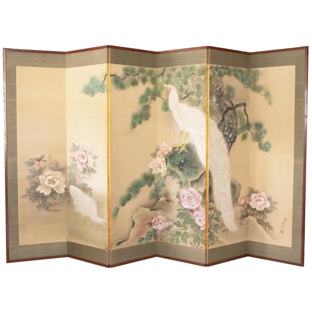 Fine large vintage Japanese 6-panel painted byobu (folding screen) "White Peacock & Peony" by Ryumin. Signed and sealed by...