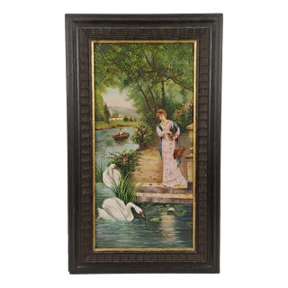 Romantic Scene with Lady and Swans on the River, Early 20th Century, Oil Painting on Canvas, Framed For Sale