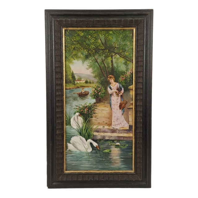 Romantic Scene with Lady and Swans on the River, Early 20th Century, Oil Painting on Canvas, Framed For Sale