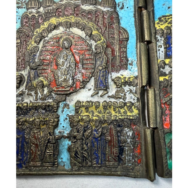 19th Century Antique 19th C. Russian Orthodox Enameled Bronze Folding Travel Icon (Skladen) For Sale - Image 5 of 11
