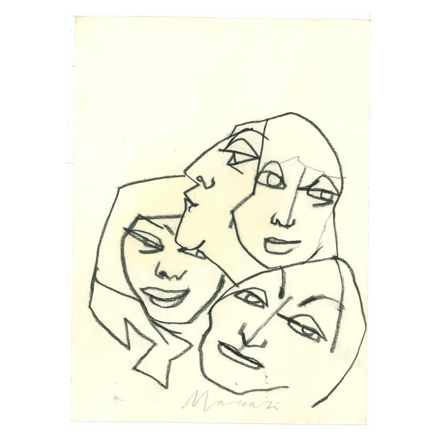 Mino Maccari, Faces, Charcoal Drawing, 1980s For Sale