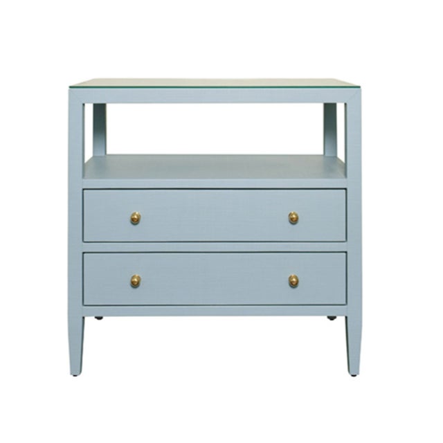 Robin's Egg Blue Matthew Izzo Home Douglas Light Blue Textured Linen Two Drawer Side Table With One Open Shelf, Glass Top and Polished Brass Knobs For Sale - Image 8 of 8