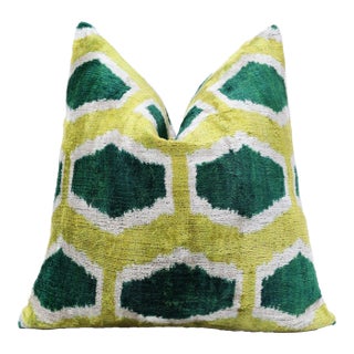 The Lime & Emerald Honeycomb Silk Velvet Pillow - 20" X 20" For Sale