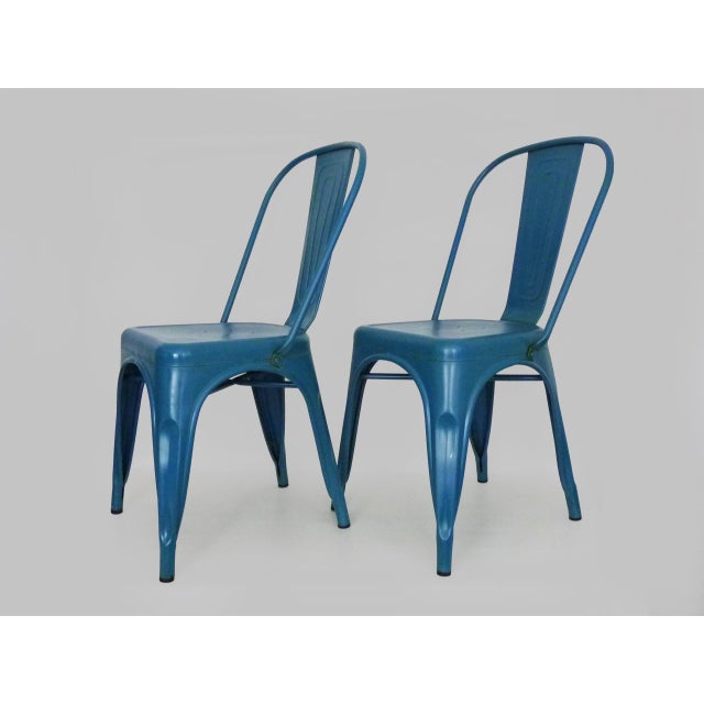 Industrial Vintage Tolix Chairs in Blue Metal by Xavier Pauchard, 1970s, Set of 2 For Sale - Image 3 of 10
