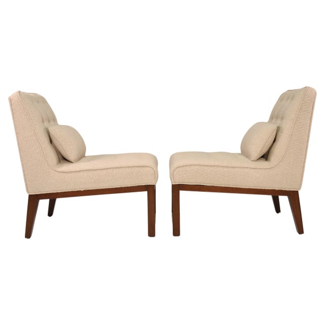 Pair of neutral lacquered mahogany model 5000 or Sophia slipper chairs with tufted seat and back. Newly refinished and...