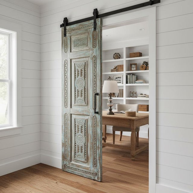 Antique Carved Wooden Door in Distressed Blue | Floral Indian Bedroom Entry Doors 96x31.5 For Sale - Image 9 of 10