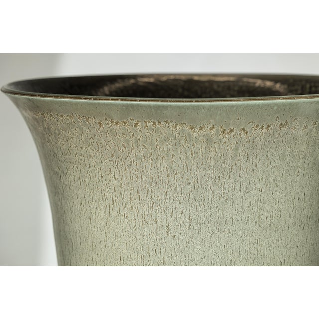 Late 20th Century Artisan Large Ceramic Planter with Green-Grey, Brown, and Ochre Drip Glaze For Sale - Image 10 of 18