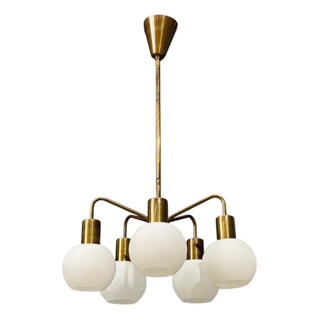 Danish Modern, Pendant Light, Brass, Opal Glass, Denmark, 1970s For Sale