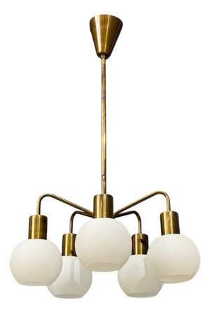 Danish Modern, Pendant Light, Brass, Opal Glass, Denmark, 1970s