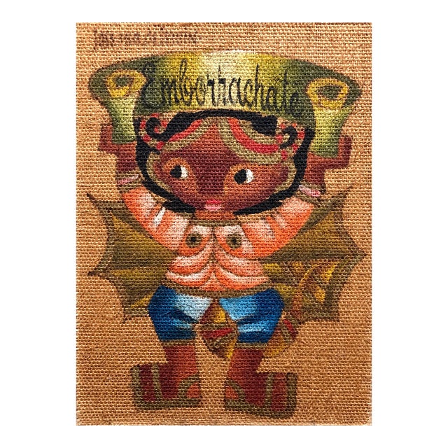 Jose Maria de Servin, Folk Art Mexican Girl "Emborrachate" Oil Painting on Burlap For Sale