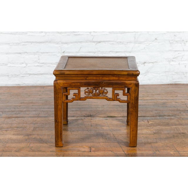 19th Century Chinese Qing Dynasty Rattan Top Side Table with Carved Apron For Sale - Image 4 of 13