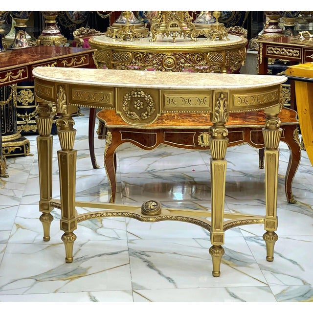 Baroque Luxury Baroque Console Table – Gold Leaf Finish With Carvings & Marble Top For Sale - Image 3 of 3
