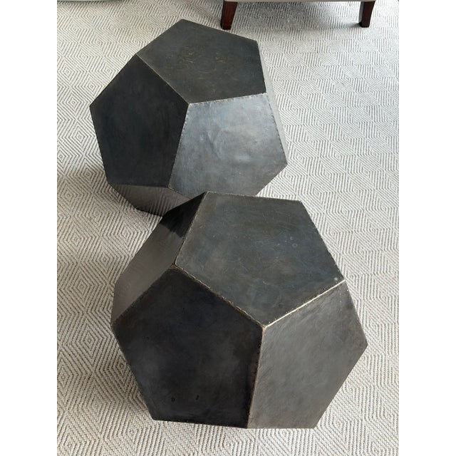 Postmodern Pair of Restoration Hardware Geometric Polyhedron Zinc Side Tables For Sale - Image 3 of 4