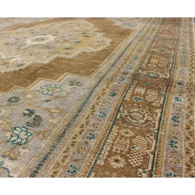 Textile Mid 20th Century Vintage Oushak Turkish Rug in Light Golden Brown Tan and Teal-Green Accents For Sale - Image 7 of 9