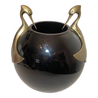 Vintage Black Amethyst Glass Brass Art Deco Bird Decorative Spherical Vase For Sale