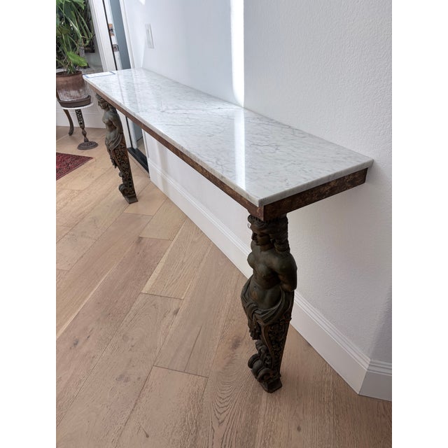 Burnt Umber Vintage Double Caryatid Marble Console Table 73” – Classical Figural For Sale - Image 8 of 11