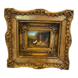 Vintage Miniature Rooster & Hens Oil Painting in Ornate Gilt-Style Frame For Sale