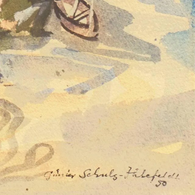 An elegant, modernist coastal scene showing a substantial stone-built breakwater at low tide juxtaposing beached boats in...