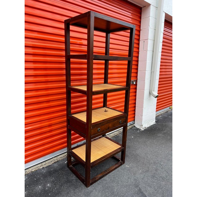 Vintage Dark Wood & Cane Open Shelving With Drawer For Sale - Image 4 of 9