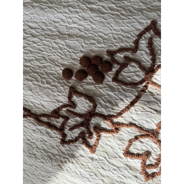 Vintage Chenille Creamy White/Ivory with brown trim , Pom poms with a design of leaves. Fits a Double or Queen size bed