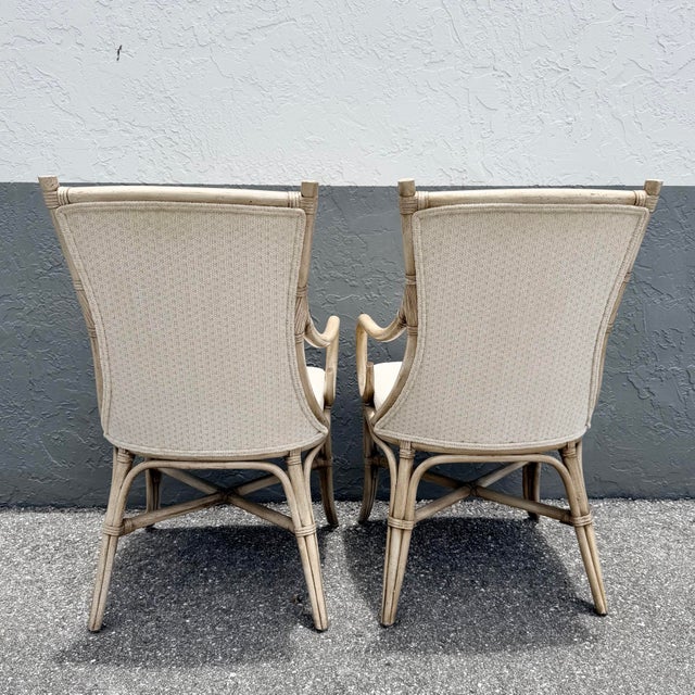 1990s Vintage Coastal Cream and Tan Rattan Dining Arm Chairs by Whitcraft - Set of 6 For Sale - Image 5 of 10