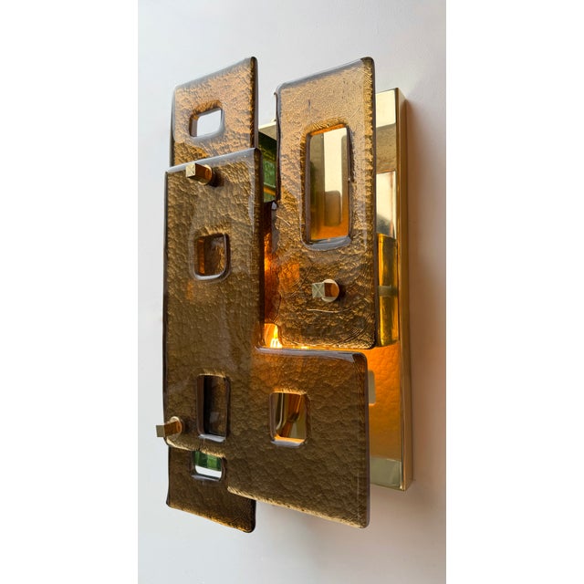 Contemporary Mid-Century Modern Space Age style Pair of set of 2 geometry cola brown Murano glass and brass wall lamps...