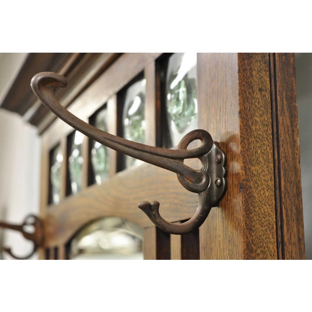 Brown Antique English Art Nouveau Oak & Green Tile Coat Rack Umbrella Stand Hall Tree For Sale - Image 8 of 18