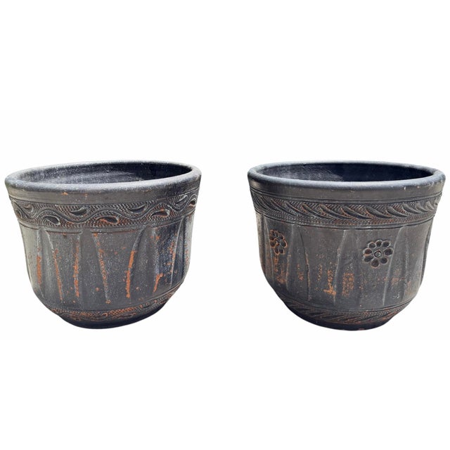 Mexican Vintage Mexican Blackwashed Terracotta Planters – Pair For Sale - Image 3 of 11
