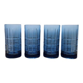 Vintage Mid-Century Modern Anchor Hocking "Tartan Blueberry" Flat Iced Tea Glasses - Set of 4 For Sale
