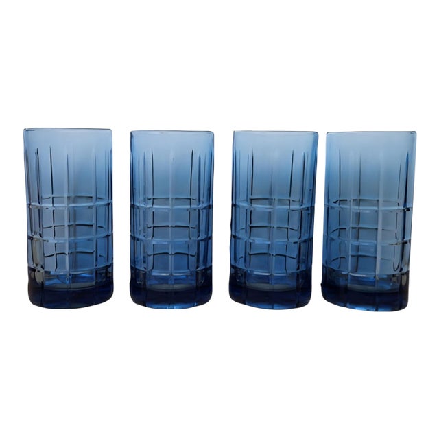 Vintage Mid-Century Modern Anchor Hocking "Tartan Blueberry" Flat Iced Tea Glasses - Set of 4 For Sale