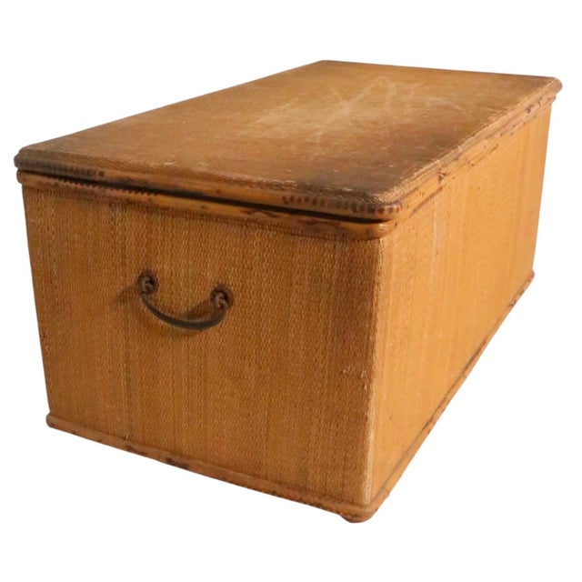 Tan Vintage Grass Mat and Bamboo Storage Trunk For Sale - Image 8 of 9