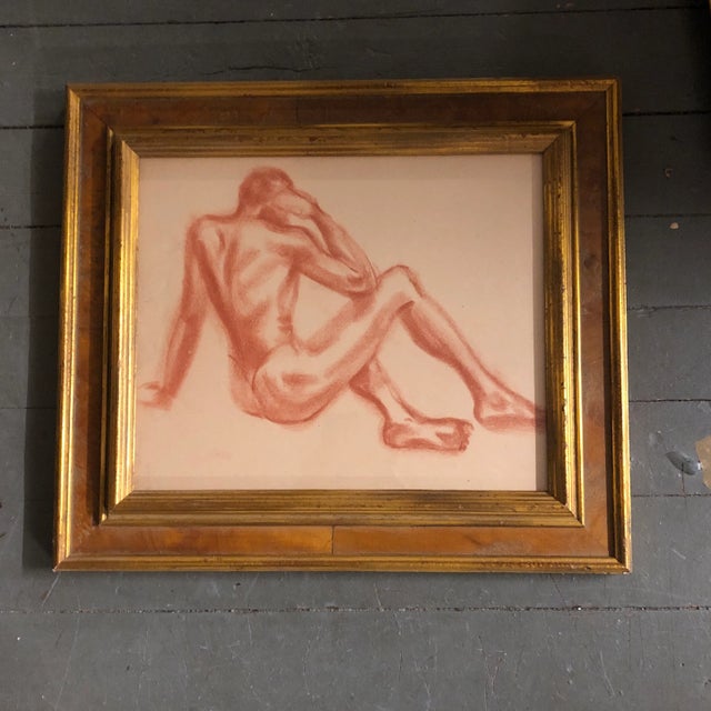 1940s Original Vintage Art Deco Sepia Male Nude Study Drawing Burled Wood Frame 1940’s For Sale - Image 5 of 5
