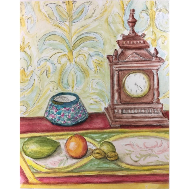 Mid 20th Century Mantel Clock Still Life Watercolor Painting For Sale