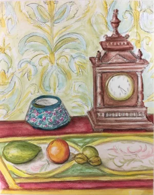 Mid 20th Century Mantel Clock Still Life Watercolor Painting