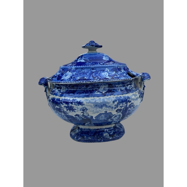 Blue Antique Staffordshire Blue White Transferware Covered Soup Tureen Pastoral Scene For Sale - Image 8 of 9