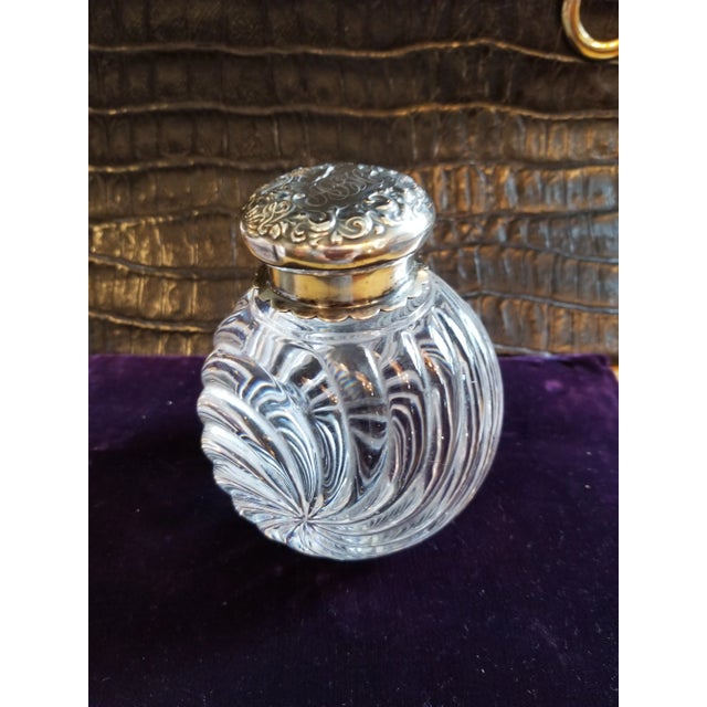Sterling silver lidded Baccarat clear swirl inkwell with glass liner, monogrammed lid .