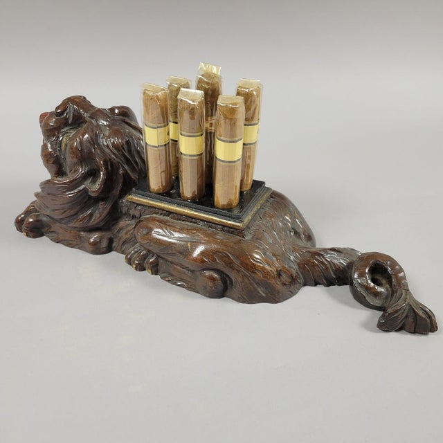 Late 19th Century 1900 Swiss Black Forest Lion Cigar Holder Carving For Sale - Image 5 of 12
