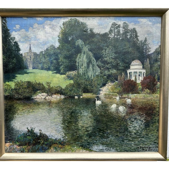 Karl Banďouch, Kassel – Wilhelmshöhe, Hercules Temple with Swans, 1929, Oil Painting on Canvas, Framed For Sale - Image 12 of 13