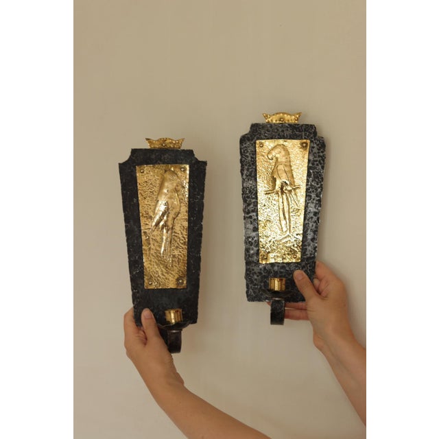Metal Mid-Century Modern Swedish Brass and Wrought Iron Sconces with Bird Motifs, Set of 2 For Sale - Image 7 of 14